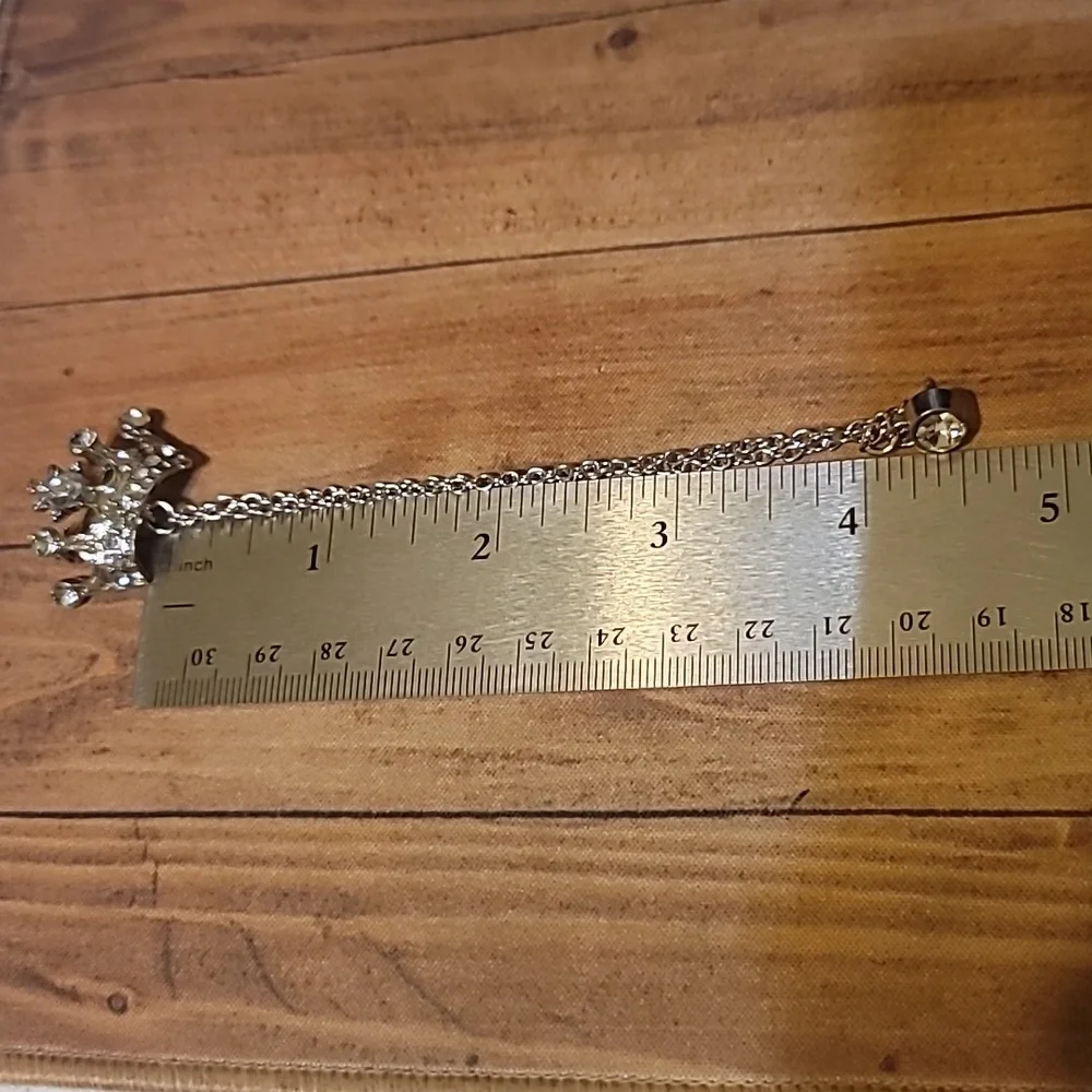Crown Silver Tone With Rhinestones Unisex Chained Decor Brooch